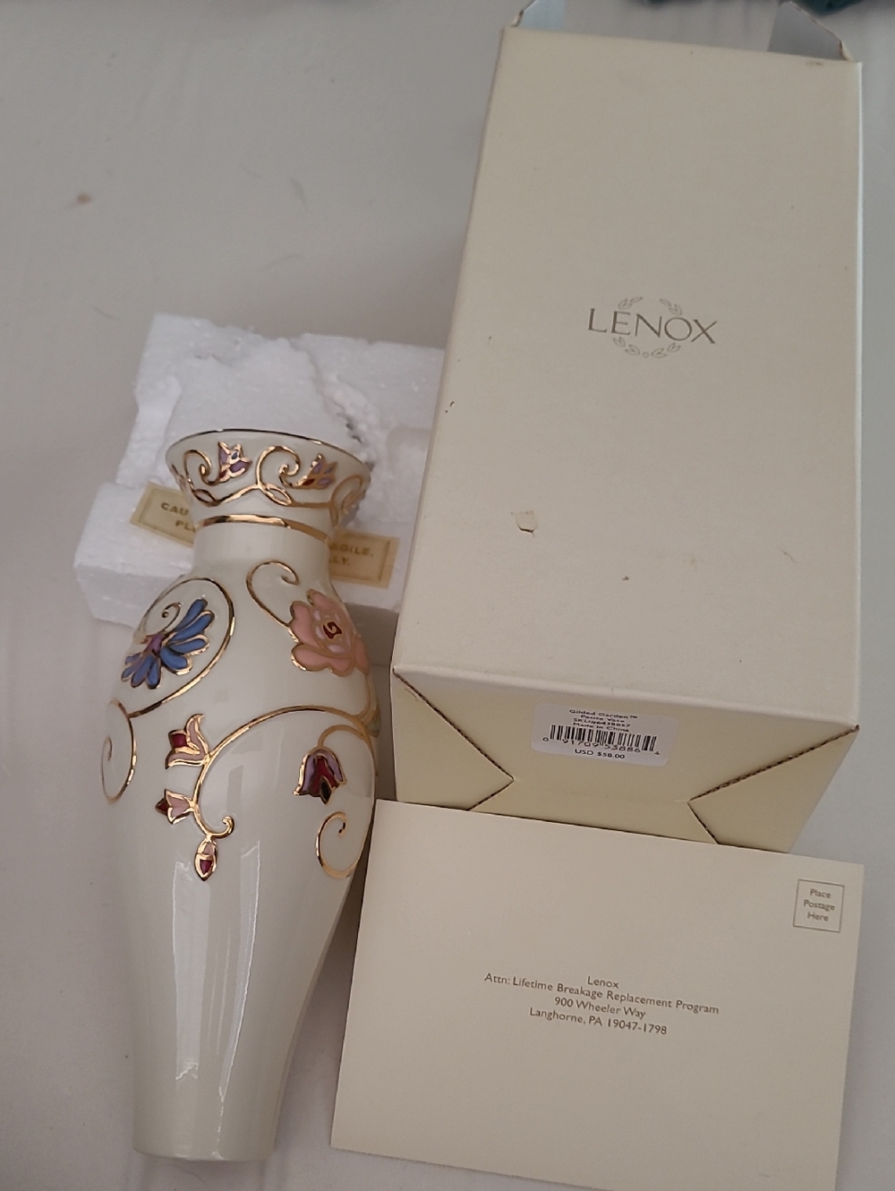 Lenox Cream Vase with Gold Trim and Pastel Floral Accents